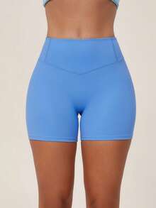 TimeOff Celana Pendek Olahraga Wanita 1 Potong Warna Polos dengan Kantong di Belakang Pinggang, Ketat, Pinggang Tinggi, dan Kontrol Perut - Baby Blue - View 3