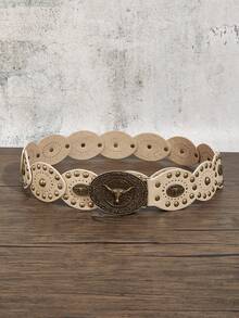 1pc Women's Belt Waist Cincher, BOHO Belts, Rodeo, Western Belts, Belts For Women, Y2k Belt, Y2k Accessories, Street Punk Bull Head Metal Rivet Oval Patchwork Beige Belt, Match With Skirts, Pants, Sweaters, Shirts, Coats, Party, Holiday Gift, Music Festival - Beige - View 4