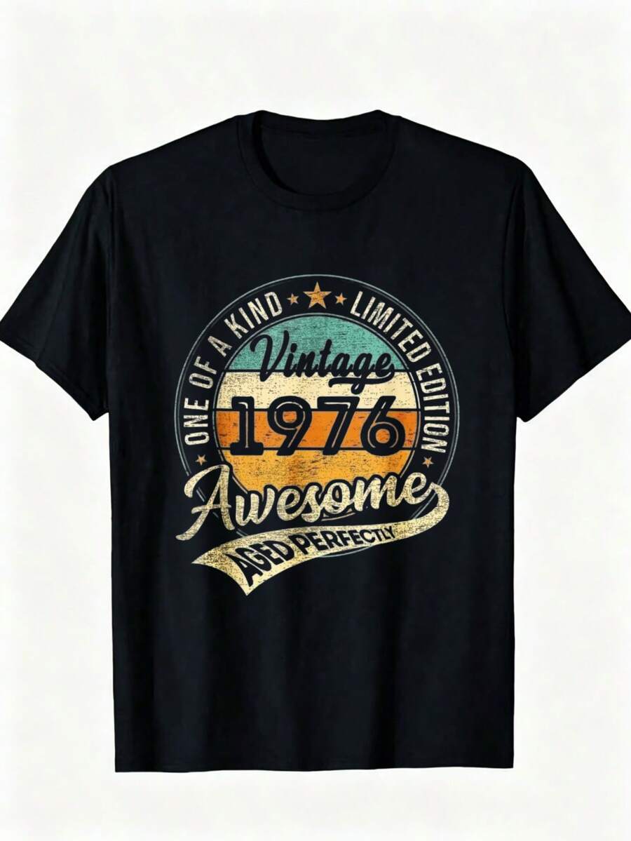 Men's 1976 Limited Edition 50th Birthday T-Shirt - Vintage 70s Retro Design With 1976 Print Comfort_3333 Everyday Casual And Themed Party Outfits - 黑色 - 查看 1