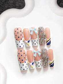 10片甜美風手工穿戴甲，Poly Gel 凝膠美甲套組，波點、蝴蝶結、條紋、十字、安全針圖案，藍色與白色指甲油，酷感風格，附美甲工具，3種尺寸可選，杏仁形、鴨嘴形、棺材形，適合派對、跳舞、日常配戴 - 彩色 - 查看 18
