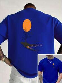 Atardecer de otoño, hojas cayendo al suelo, estampado de doble cara, nueva camiseta de cuello redondo para hombre, estilo casual deportivo, moda moderna, corte holgado, camiseta de manga cor - Negro - Ver 7