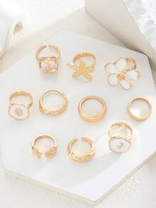 10pcs Exaggerated Wide Metal Open Ring Set, Faux Shell Starfish Conch Fish Tail Flower White Drip Rhinestone Thick Smooth Asymmetrical Geometric Multi-Layered Rings For Women, Date, Banquet, Beach, Vacation, Party, Music Festival Accessories - Golden Yellow 3 - View 8