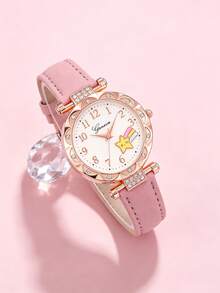 6/1pc, Fashionable Minimalist Elegant Cute Girls Round Pointer Display Quartz Watch Suitable For Girls To Wear, Paired With Heart-Shaped Rhinestone Jewelry, Necklace, Bracelet, Earrings, Ring, Suitable For Parties, Gatherings, Birthdays, Various Holidays To Tell Time, Also Perfect As The Best Gift For Friends/Mom/Girlfriend During Mother's Day, Back To School Season, Wedding Season - Multicolor - View 4