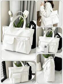 Bolso tote grande de color liso con múltiples bolsillos, sencillo y ligero, con capacidad para portátil, color morado. - Morado - Ver 3