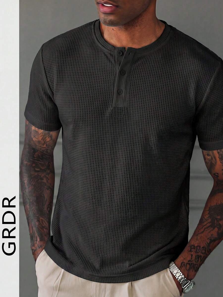 GRDR Lightweight Business Casual Waffle Polo Shirt, White, Button-Up, Short Sleeve, Versatile For Summer Commute - Black - View 1