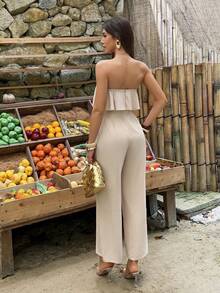 Bộ jumpsuit nữ mùa hè màu be không dây vai, xếp ly, chất liệu vải lanh, cạp cao, ống rộng, thích hợp cho kỳ nghỉ biển. - Kaki nhạt - Xem 2