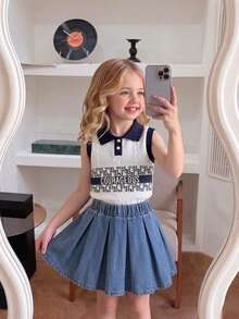 Young Girl Fashion Casual Cute Set, Printed Splice Sleeveless Polo Shirt + Pleated Casual Denim Skirt - White - View 2