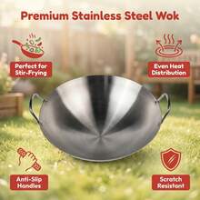 Stainless Steel Wok With Double Handles, Thickened Heavy Duty Frying Pan For Home Kitchen Farmhouse Restaurant Courtyard Outdoor Cooking – Large Capacity Nonstick Stir Fry Wok - Dual-handle Version - View 3