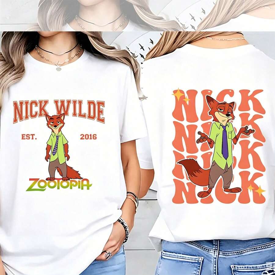 Disney Women's Oversized T-Shirt, Double-Sided Zootopia Nick Wilde Varsity Style Retro Print, 100% Cotton Short Sleeve, Daily Disney Casual Tee - 白色 - 查看 1