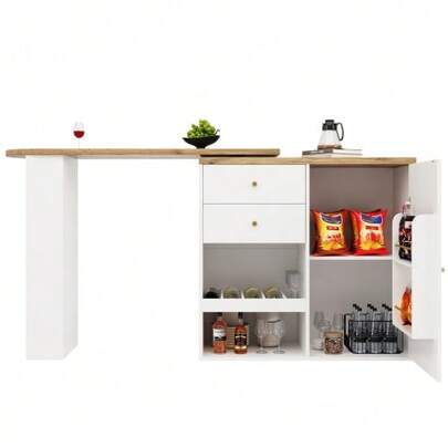 Swivel Bar Table (Main Body 105 X 39 X 102 Cm), With 2 Drawers And A Sliding Door Cupboard, 3 Levels Of Open Storage Space, Suitable For Dining Room/Office/Living Room Etc.