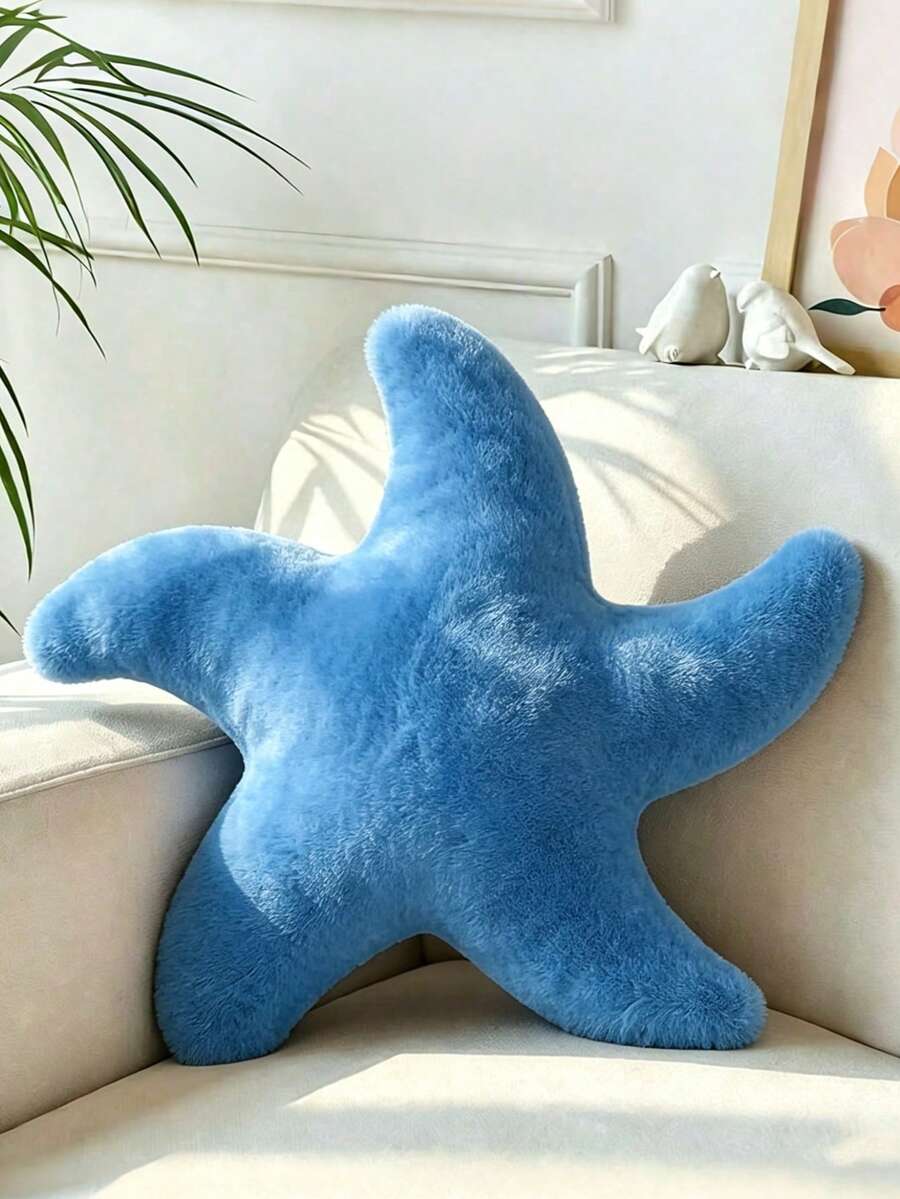 1個海星造型毛絨抱枕,可愛裝飾靠墊,適合沙發、床鋪,美學房間裝飾配件,柔軟仿皮草,適用於臥室、客廳、派對禮物、戶外花園靠墊,夏日風格 - 藍色 - 查看 1
