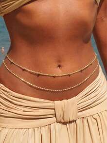 1pc Double Layer Beaded Waist Chain, Delicate Thin Belly Body Chain, Summer Beach Bikini Outfit Accessory For Women's Daily Wear Body Jewelry - Gold - View 2