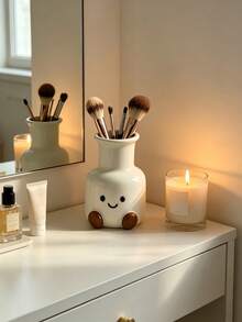 1pc Kawaii Smiling Face Makeup Brush Holder, Cute Cartoon Desk Organizer For Vanity, Office & Home, Multi-Purpose Storage Cup For Brushes, Pens & Stationery - Multicolor - View 8