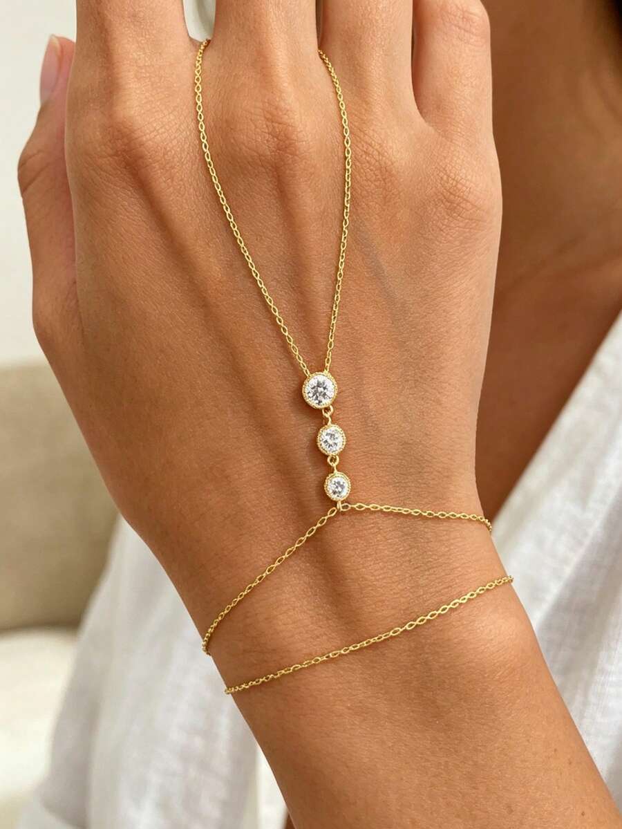 1 pieza Pulsera de dedo redonda de cristal brillante dorado, accesorio de joyería de moda europea y americana de verano para mujeres - Dorado - Ver 1