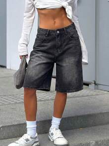Shorts bermuda en jean Y2K d'été pour femmes, style street cool, délavé, taille mi-haute, coupe ample, poches obliques, jambes larges, décontracté, jorts - Fumée noire - Voir 3