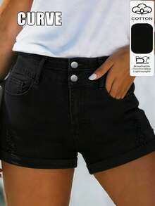 Cross-Border Plus Size Women's Straight Cut Denim Shorts With Pocket Decoration, Mid-Stretch Fabric, Creating A Relaxed And Confident Summer Vibe. - Black - View 3