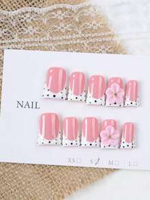 10Pcs Sweet Style Duck Bill Press On Nails, Nude Pink Polka Dot French False Nails Decorated With 3D Pink Flowers And Gold Beads, Glossy Handmade Reusable Nail Tips For Daily Work, Dating And Travel, Ideal Gift For Women. - Follow Your Heart - View 2