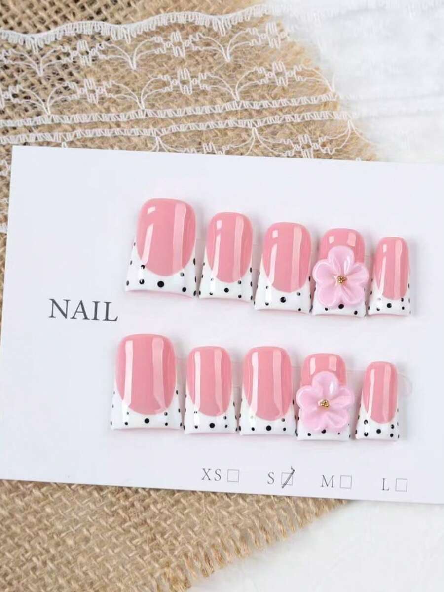 10Pcs Sweet Style Duck Bill Press On Nails, Nude Pink Polka Dot French False Nails Decorated With 3D Pink Flowers And Gold Beads, Glossy Handmade Reusable Nail Tips For Daily Work, Dating And Travel, Ideal Gift For Women.