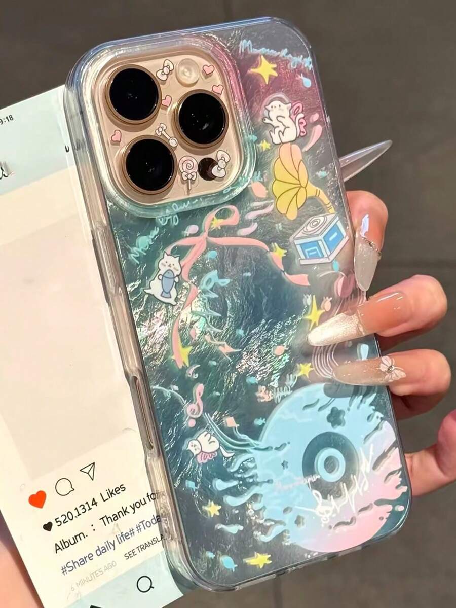 1pc Summer Music Party Phone Cover, Dotted Bow Shiny Phone Case, Compatible With Apple 17promax/16/15/14/13/12/11 Series Phones, Suitable As A Holiday Gift For Yourself, Family, Friends, Or Classmates, This Product Does Not Include A Lanyard - Blue Music Evening - View 1