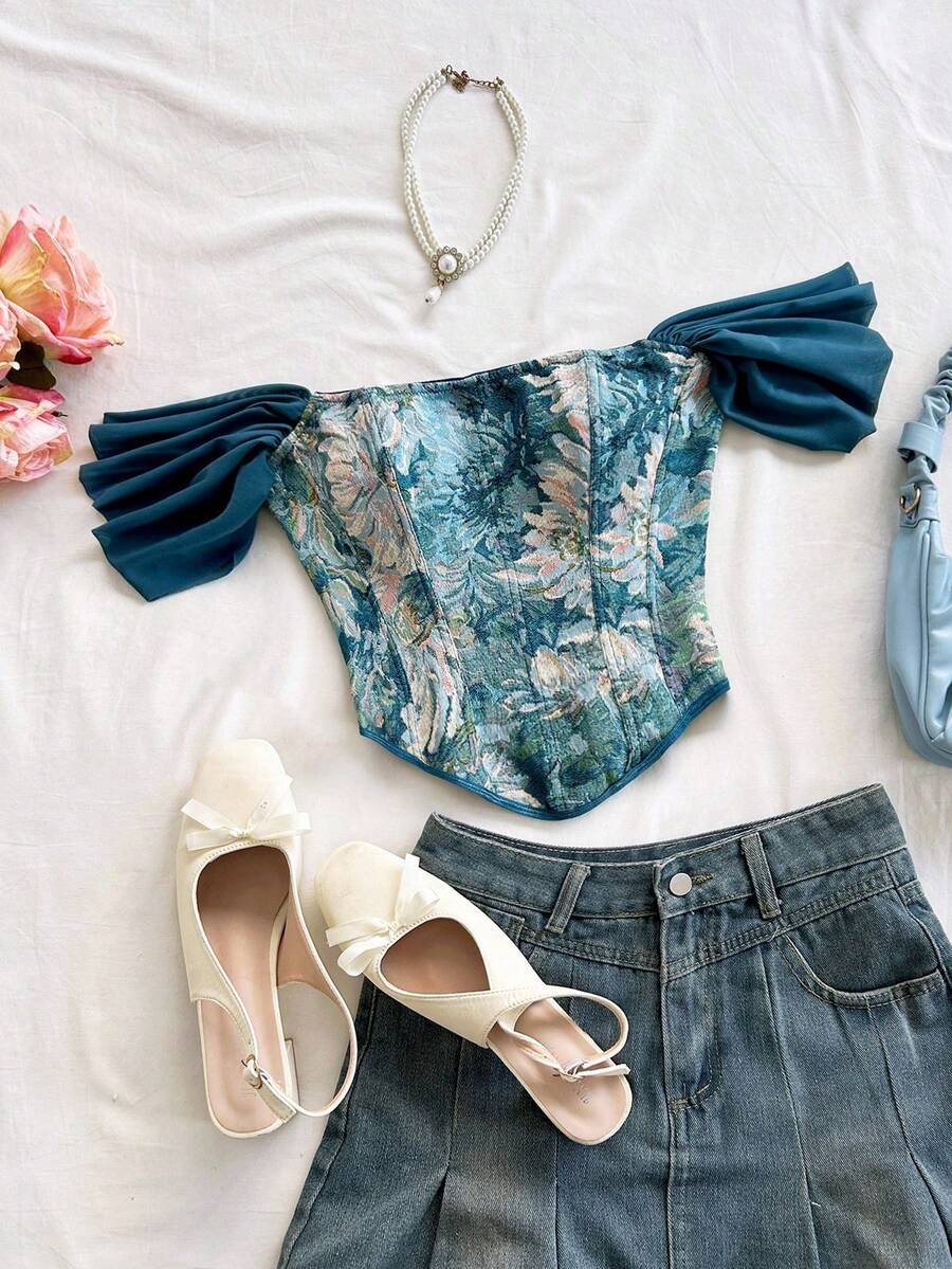 Top con estampado de jacquard floral colorido y estilo vintage palaciego con botones y lazo en la espalda, elegante para vacaciones y citas.Crop top hombros descubiertos, tropical, ve - Multicolor 7 - Ver 1
