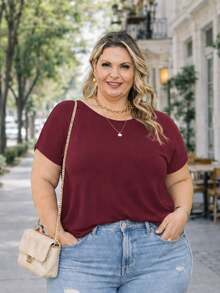 Plus Size Women's Blouse, Premium Cold Weather Dress, Plain, Casual, Modern, Basic, Contemporary, Viscose/Lycra, Workwear, Marsala - 紅木色 - 查看 7