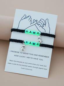 2pcs Glow In The Dark Bead Decor Dinosaur Charm Bracelet - Black - View 5