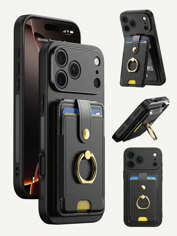 1pc Black Multi-Functional Card Holder Phone Case Compatible With Apple Smartphones, Multi-Slot Wallet Style With Ring 17 Pro Max Phone Case, Fashionable Portable Smartphone Stand Suitable For Summer Travel And Reading, Apple 16 Pro Max Phone Case With Ring Stand, Ultra Practical Stand Phone Case Compatible With Apple 17 Phone Case, Apple 13 Phone Case, Well-Made Suitable As Gift Phone Accessories, 3-In-1 Shockproof Phone Case Compatible With Galaxy S26 Ultra, Ultra Cool Apple 16 Pro Phone Case Cover.