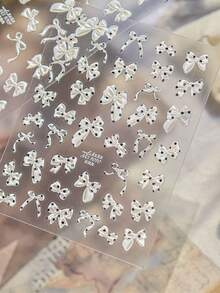 1張5D浮雕貝殼淺色圓點蝴蝶結美甲貼紙，可愛黑白圓點蝴蝶結蕾絲緞帶美甲藝術裝飾自黏式美甲貼花 - 彩色 - 查看 5