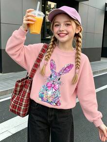 Tween Girls Crew Neck Sweatshirt, Cute Bunny With Bow Print Loose Pullover Spring Autumn - Pink - View 7