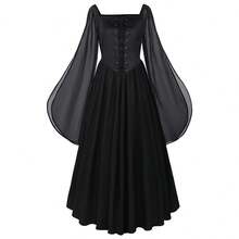 Gothic Open Shoulder Long Sleeve Ball Gown, With Lace-Up Detail, Perfect For Cosplay And Formal Occasions, Non-Stretch Fabric. Black - Black - View 7