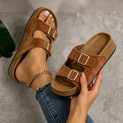 Women's Double Buckle Platform Slide Sandals, Casual Suede Open Toe Slip On Flat Slides, Outdoor Daily Wear Comfort Footwear.Sandal For Women Summer
