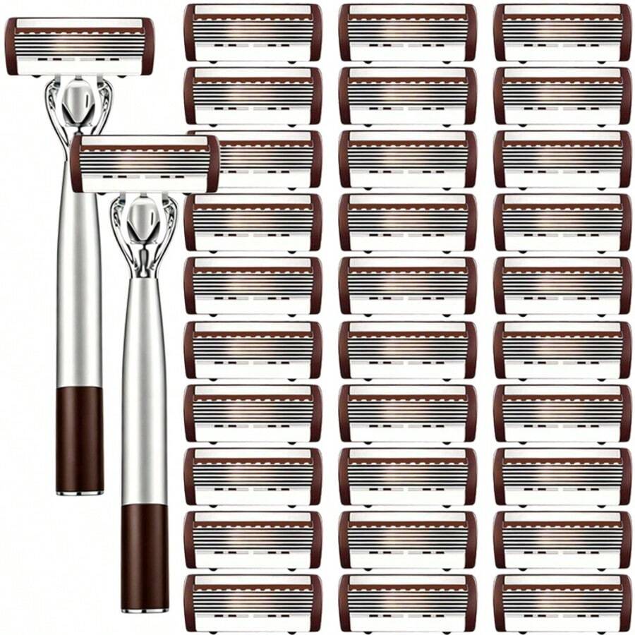 Premium Metal Manual Razor For Men, 5 Layer Floating Sharp Blades Shaving Razor, Non Slip Two-Tone Silver Brown Handle, Luxury Close Smooth Shave Razor Gentle For Sensitive Skin Daily Travel Use - Multicolor - View 1