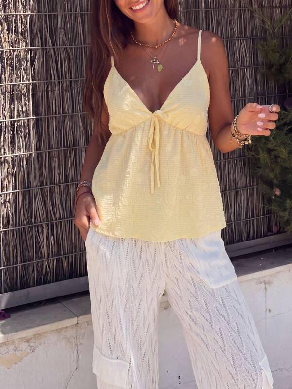 Women's Bohemian Style Spaghetti Strap Lace Sleeveless Tank Top, Criss-Cross Back Tie Front Camisole, Summer Beach Vacation Casual Yellow Tank Top