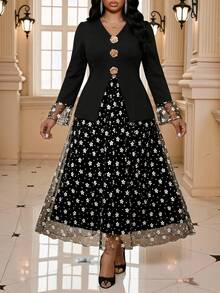 Fleurora Set da 2 pezzi taglie forti per donna, elegante abito da invitata a matrimonio con patchwork in rete floreale, abito da festa di matrimonio, outfit da carnevale, costume da carnevale, vacanza - nero - Visualizzare 4