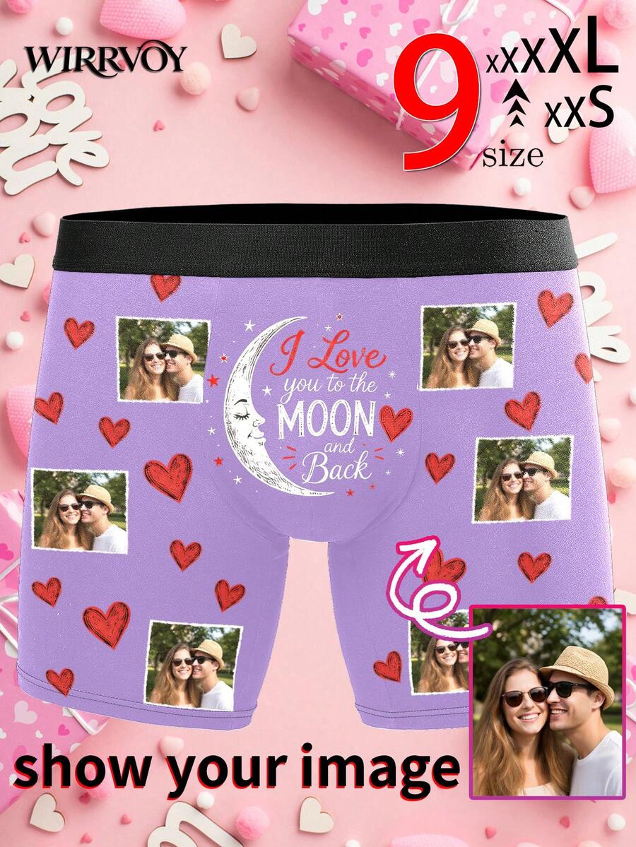 1pc Custom Couple Photo Underwear, Personalized Photo Boxer Briefs, Custom Print Men Underwear "I Love You To The Moon And Back" Underwear,9 Sizes - Black - View 1