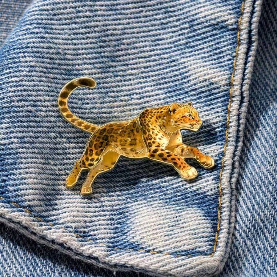 Vintage Money Leopard Brooch Enamel Craft Cheetah Badge Alloy Pin Versatile Accessory For Suit And Denim Jacket - Apricot - View 1