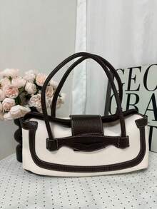 Tas Bahu Kanvas Colorblock Desain Niche Gaya Korea, Tas Tote Kain Ringan Kapasitas Besar untuk Perjalanan Singkat, Bepergian, Perjalanan Harian, Jalan-jalan, Belanja Sehari-hari, Tas Genggam untuk Wanita - Chocolate Brown - View 4