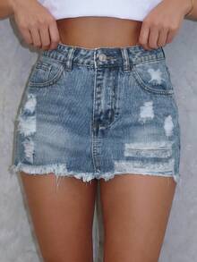 Women's Summer Street Fashion Washed Asymmetric Pocket Mini Denim Skirt Casual - Light Wash - View 4