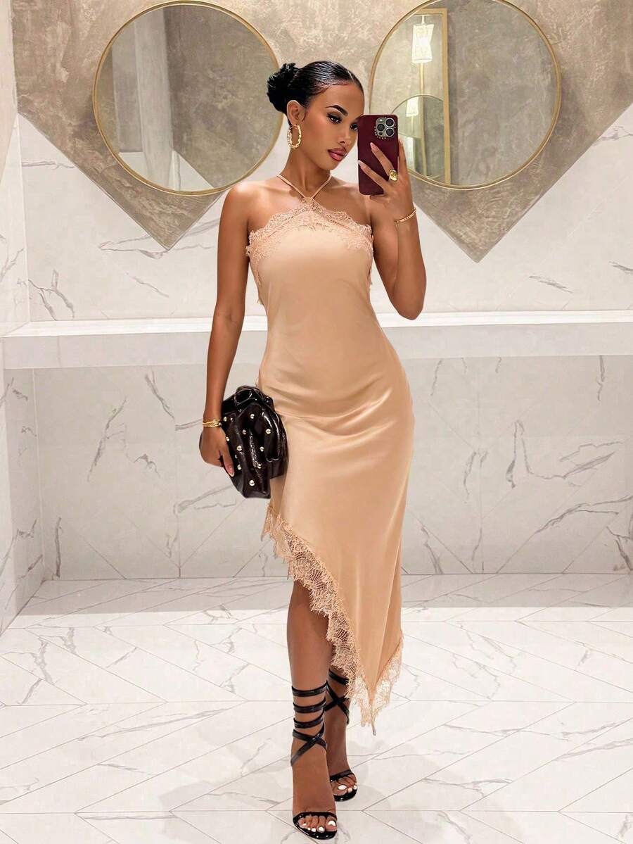 Vestido de verano de mujer con unicolor elegante, parche de encaje y bajo asimétrico - Champán - Ver 1