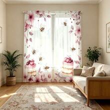 2pcs Watercolor Cherry Blossom & Cake Sheer Curtains-Adorned With Cherry Blossom, Cake, And Bee Motifs; Light-Filtering With 2D Flat Printing; Suitable For Bedrooms, Living Rooms, Dining Rooms, And Kitchens. - Multicolor - 2pcs - View 1