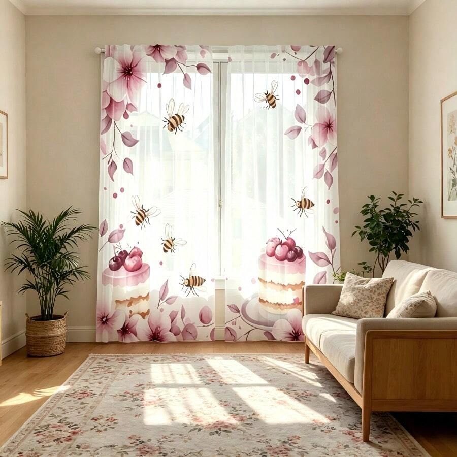 2pcs Watercolor Cherry Blossom & Cake Sheer Curtains-Adorned With Cherry Blossom, Cake, And Bee Motifs; Light-Filtering With 2D Flat Printing; Suitable For Bedrooms, Living Rooms, Dining Rooms, And Kitchens. - Multicolor - 2pcs - View 1