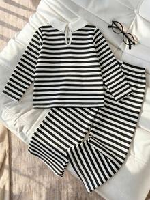 Young Girls School Uniform Autumn 2-Piece Set, New Autumn Fashion Versatile Sweatshirt Knit Striped Casual Cute Embroidered Turn-Down Collar Long Sleeve Pants Set Suitable For Outdoor Wear - Black and White - View 3