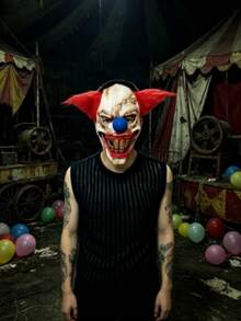 1pc Halloween Scary Clown Mask Latex Head Cover Red Hair Split Mouth Clown Cosplay Haunted House Escape Room Prop - View 7