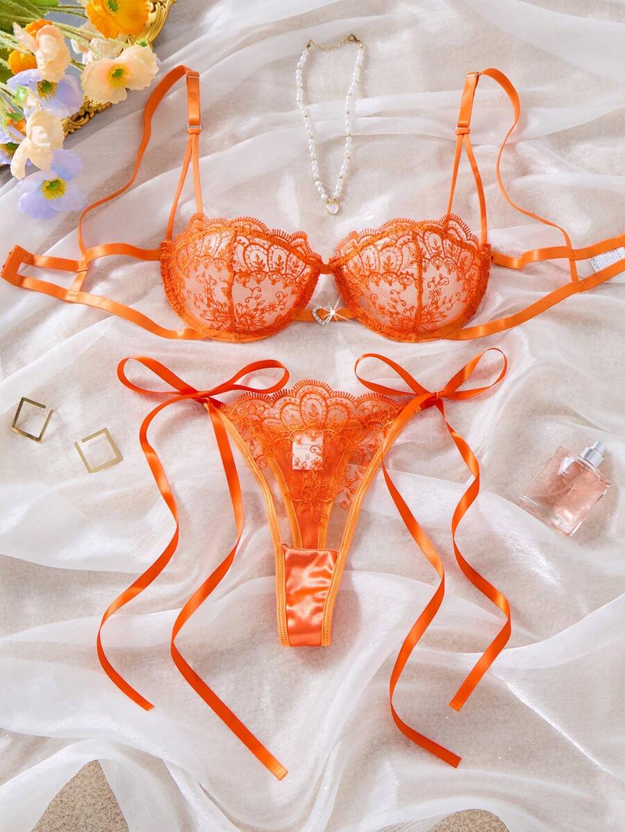 2件組女款刺繡蕾絲內衣套裝,半透心形胸罩配蝴蝶結內褲,舒適居家風女式兩件套 - 橘色 - 查看 1