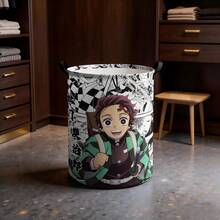 Miniso سلة غسيل قابلة للطي مقاومة للماء بطباعة مربعات يابانية عمودية بتصميم مانجا Demon Slayer Tanjiro بألوان مختلطة، منظم تخزين ملابس محمول بمقبض - متعدد الألوان - مشاهدة 3