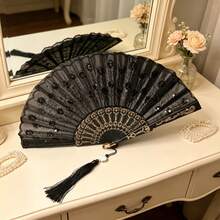 Sequined Embroidered Folding Hand Fan With Tassel, Spanish Style Dance Fan For Party Wedding Cosplay Decor - Black-shafted Sequined Folding Fan - View 11