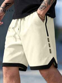 Men's Drawstring Waist Side Webbing Contrast Binding American Sports Style Loose Textured Casual Shorts, Daily Fitness Summer Style, Cream White - White - View 4