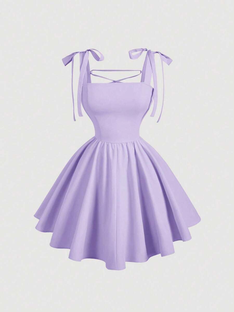 MOD Vestido rosa romántico con espalda descubierta y lazo, adecuado para citas, fiestas, vacaciones, meriendas de té y ocasiones de cumpleaños QT3K - Lila Púrpura - Ver 1