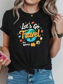 Camiseta de Mujer con Estampado de Iconos de Viaje y Diseño de Dibujos Animados con Temática de Viajes: "Vamos a Viajar por el Mundo". Ideal para viajes, atuendos de vacaciones, senderismo a - Negro - Ver 2