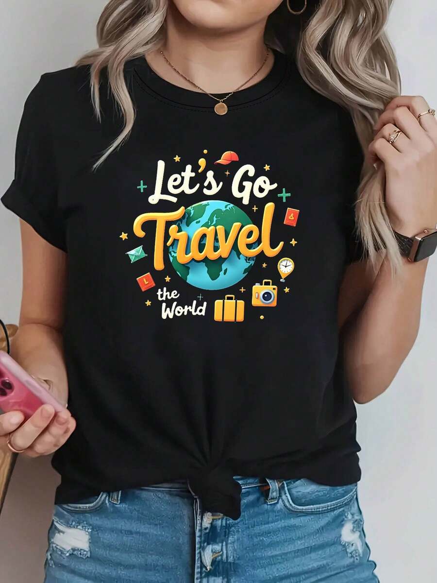 Camiseta de Mujer con Estampado de Iconos de Viaje y Diseño de Dibujos Animados con Temática de Viajes: "Vamos a Viajar por el Mundo". Ideal para viajes, atuendos de vacaciones, senderismo a